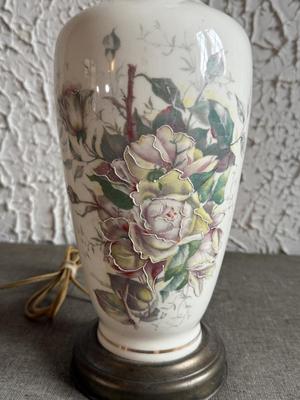 LOT 232F: Vintage Leviton Porcelain Embossed Roses Table Lamp & Framed Ming Dynasty: Dong Qichang's imitation of Huang...