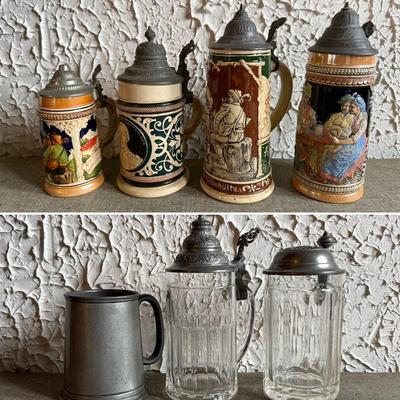 LOT 262F: Collection of Vintage Ceramic, Pewter & Glass Steins