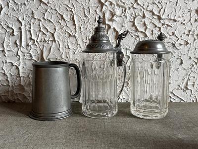 LOT 262F: Collection of Vintage Ceramic, Pewter & Glass Steins