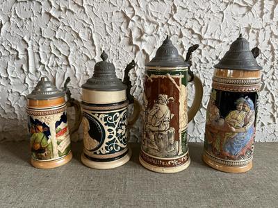 LOT 262F: Collection of Vintage Ceramic, Pewter & Glass Steins