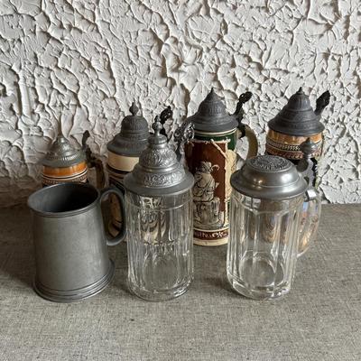 LOT 262F: Collection of Vintage Ceramic, Pewter & Glass Steins