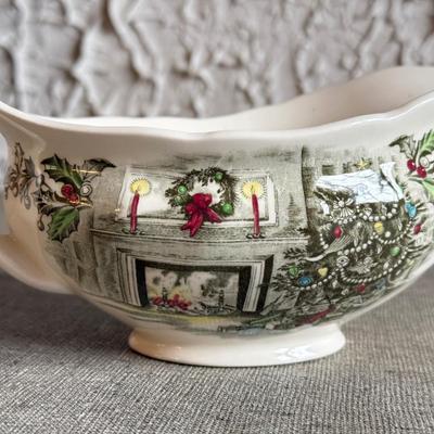 LOT 238F: Vintage Johnson Bros Transferware "Merry Christmas" Service for 8 w/ Gravy Boat