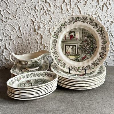 LOT 238F: Vintage Johnson Bros Transferware "Merry Christmas" Service for 8 w/ Gravy Boat