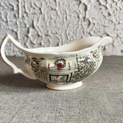 LOT 238F: Vintage Johnson Bros Transferware "Merry Christmas" Service for 8 w/ Gravy Boat