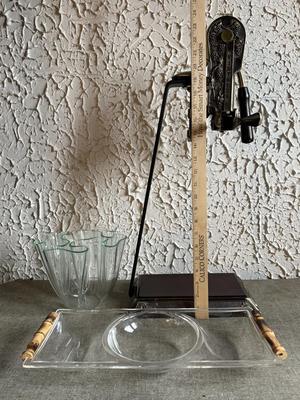 LOT 239F: Vintage Reserve Brass Bartop Wine Bottle Opener & Lucite Wavy Edge Bowl & Divided Tray