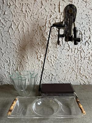 LOT 239F: Vintage Reserve Brass Bartop Wine Bottle Opener & Lucite Wavy Edge Bowl & Divided Tray
