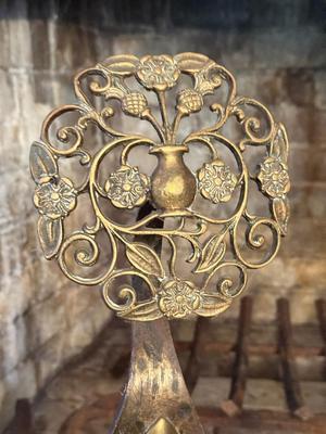 LOT 240F: Antique 19th Century Cast Bronze & Wrought Iron Andirons w/ Brass Fireplace Guard