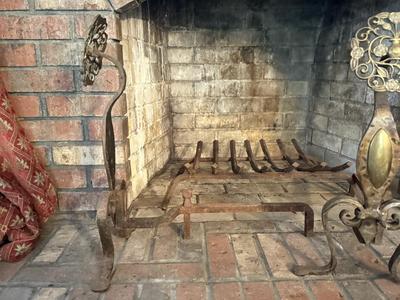 LOT 240F: Antique 19th Century Cast Bronze & Wrought Iron Andirons w/ Brass Fireplace Guard