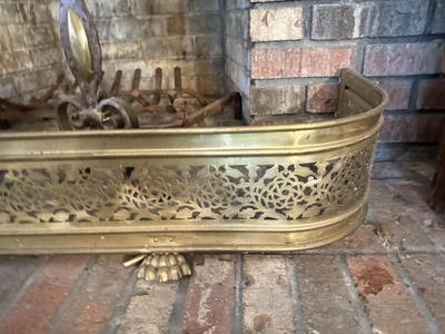 LOT 240F: Antique 19th Century Cast Bronze & Wrought Iron Andirons w/ Brass Fireplace Guard