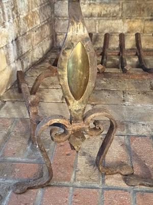 LOT 240F: Antique 19th Century Cast Bronze & Wrought Iron Andirons w/ Brass Fireplace Guard