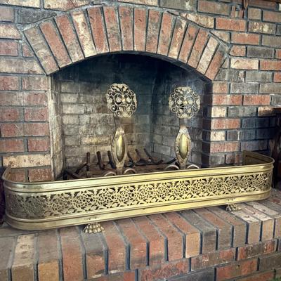 LOT 240F: Antique 19th Century Cast Bronze & Wrought Iron Andirons w/ Brass Fireplace Guard