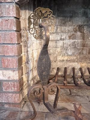 LOT 240F: Antique 19th Century Cast Bronze & Wrought Iron Andirons w/ Brass Fireplace Guard