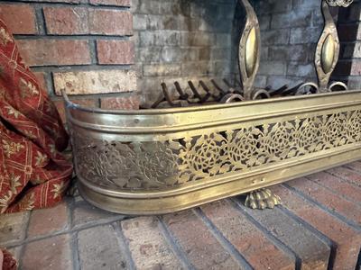 LOT 240F: Antique 19th Century Cast Bronze & Wrought Iron Andirons w/ Brass Fireplace Guard