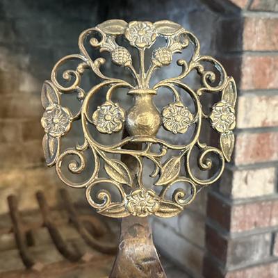 LOT 240F: Antique 19th Century Cast Bronze & Wrought Iron Andirons w/ Brass Fireplace Guard