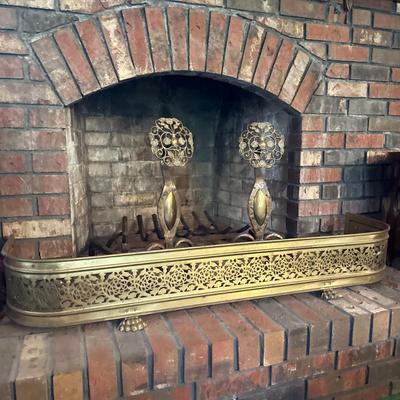 LOT 240F: Antique 19th Century Cast Bronze & Wrought Iron Andirons w/ Brass Fireplace Guard