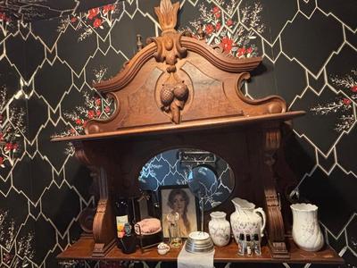LOT Powder1: Large Ornate French sideboard back used as vanity +all pictured items