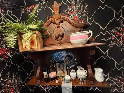 LOT Powder1: Large Ornate French sideboard back used as vanity +all pictured items