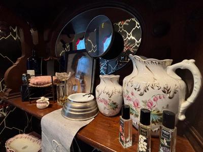 LOT Powder1: Large Ornate French sideboard back used as vanity +all pictured items