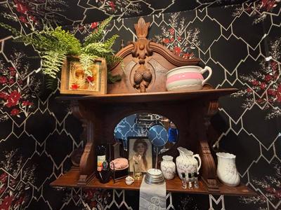 LOT Powder1: Large Ornate French sideboard back used as vanity +all pictured items