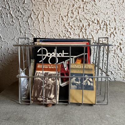 LOT 267F: Collection of Vintage Vinyl Records w/ Wire Record Holder