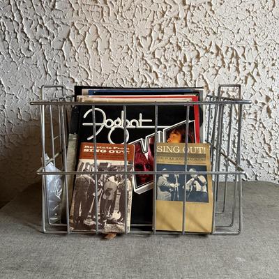 LOT 267F: Collection of Vintage Vinyl Records w/ Wire Record Holder