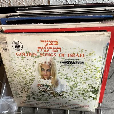 LOT 267F: Collection of Vintage Vinyl Records w/ Wire Record Holder