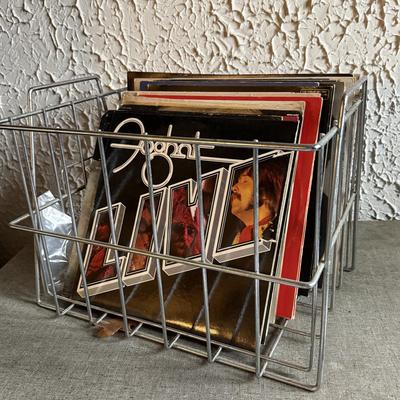 LOT 267F: Collection of Vintage Vinyl Records w/ Wire Record Holder