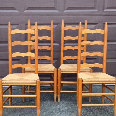 LOT 282G:Set of 4 Vintage Wood Ladder Back Colonial Shaker Woven Rush Side Chairs