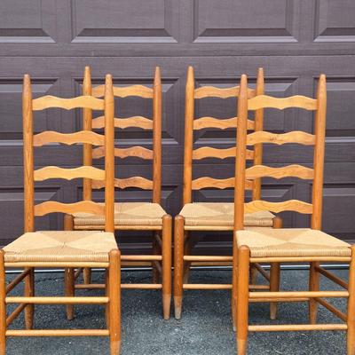 LOT 282G:Set of 4 Vintage Wood Ladder Back Colonial Shaker Woven Rush Side Chairs