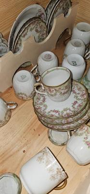 Box of tiny Limoges teacups and saucers, and "sandwich" plates (tiny sandwiches)