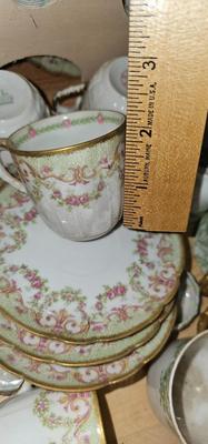 Box of tiny Limoges teacups and saucers, and "sandwich" plates (tiny sandwiches)