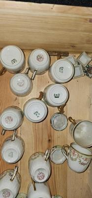 Box of tiny Limoges teacups and saucers, and "sandwich" plates (tiny sandwiches)
