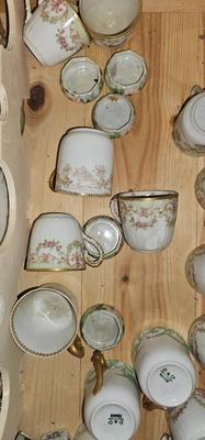Box of tiny Limoges teacups and saucers, and "sandwich" plates (tiny sandwiches)