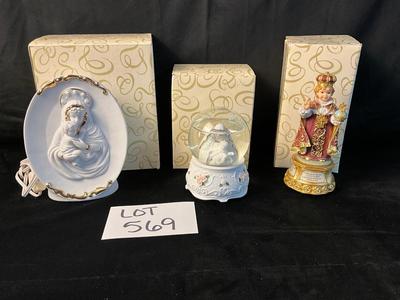 Lot 569 San Francisco Music Box Co. Snowglobe, Ave Maria Light, How Great though Art Figurine ( All with Boxes )