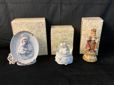 Lot 569 San Francisco Music Box Co. Snowglobe, Ave Maria Light, How Great though Art Figurine ( All with Boxes )