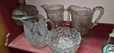 3 cut glass crystal pitchers, a bowl and a large candy dish!