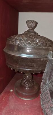 3 cut glass crystal pitchers, a bowl and a large candy dish!