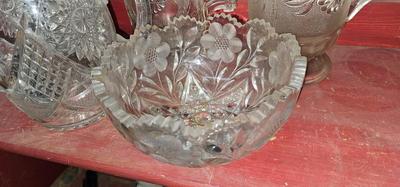 3 cut glass crystal pitchers, a bowl and a large candy dish!