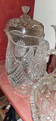 3 cut glass crystal pitchers, a bowl and a large candy dish!