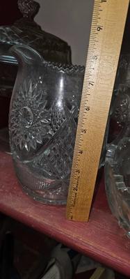 3 cut glass crystal pitchers, a bowl and a large candy dish!