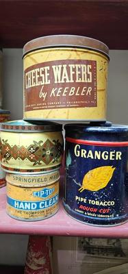 Lot of 4 vintage Tins Cheese Wafers by Keebler, Granger Pipe Tobacco, Tip-Top