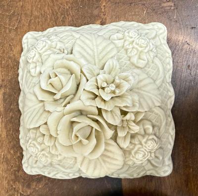 Vintage Porcelain Trinket Box Square Ivory Rose Floral Dresser