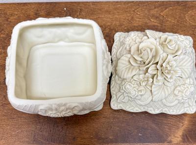 Vintage Porcelain Trinket Box Square Ivory Rose Floral Dresser