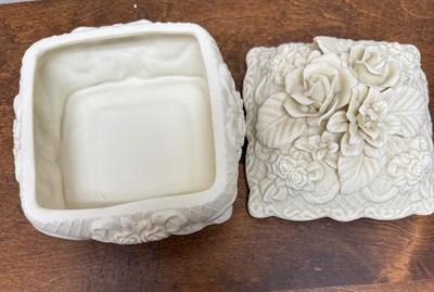 Vintage Porcelain Trinket Box Square Ivory Rose Floral Dresser