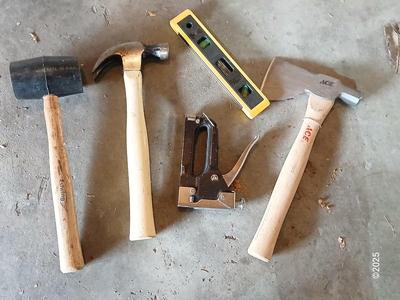 Tools - Ewing rubber mallet - Claw hammer - level - Ace Hatchet - industrial stapler