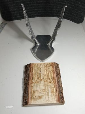 Pewter Cast Moose Rack Wall Mount with Hanging Gear and a wonderful pyrography etched slab of wood signed Mike Fecca 11:19