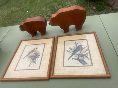 2 Framed Prints & Wooden Buffalo Or Bear?