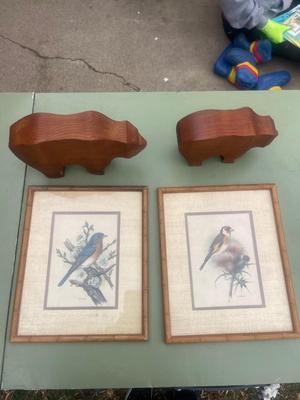 2 Framed Prints & Wooden Buffalo Or Bear?