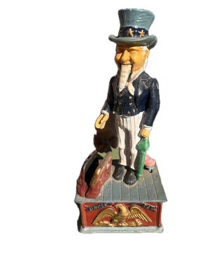 Classic Cast Iron Uncle Sam Mechanical Bank 10-1/2" Tall
