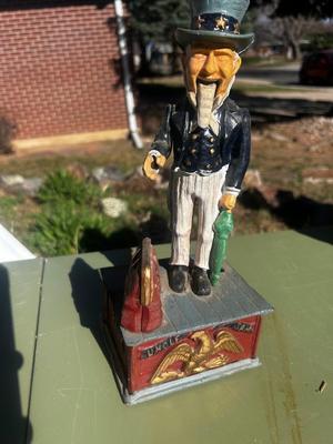 Classic Cast Iron Uncle Sam Mechanical Bank 10-1/2" Tall
